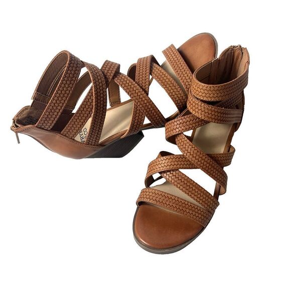 Frye and Co Womens 9M Strappy Brown Faux Leather Heeled Zip Sandals Open Toe New - Picture 2 of 11